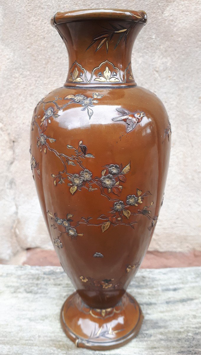 Japanese Bronze Vase Inlaid With Mixed Metals Signed Inoue, Japan Meiji Era-photo-4