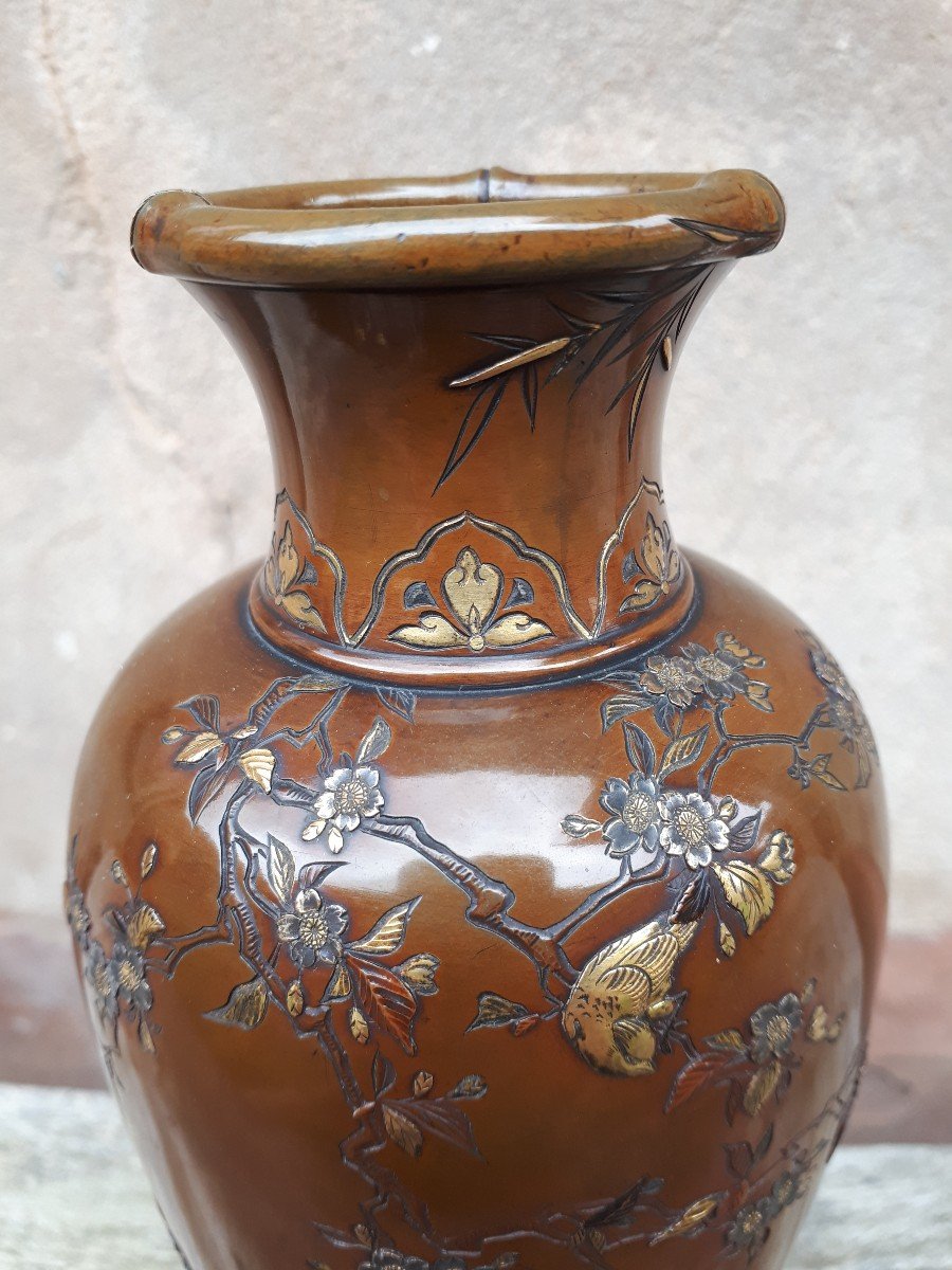 Japanese Bronze Vase Inlaid With Mixed Metals Signed Inoue, Japan Meiji Era-photo-4