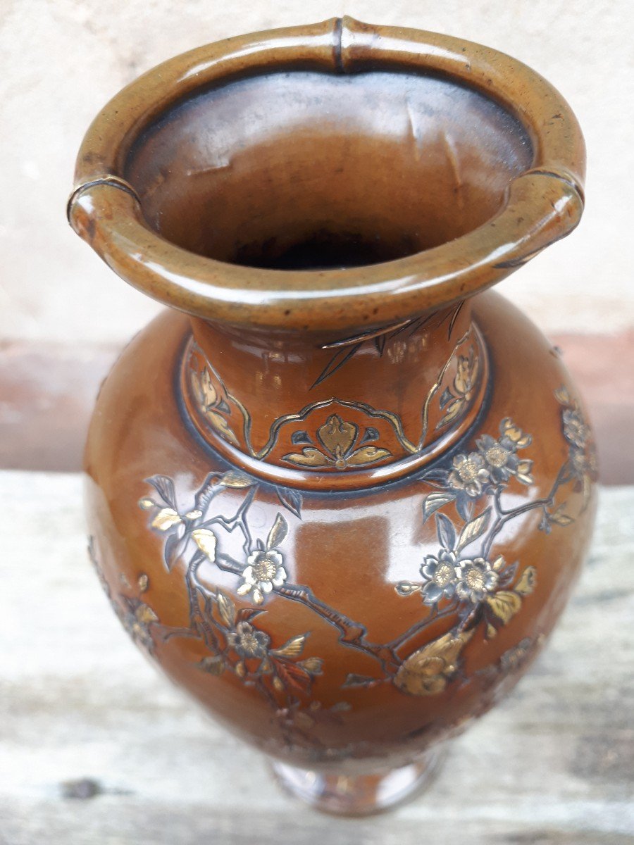 Japanese Bronze Vase Inlaid With Mixed Metals Signed Inoue, Japan Meiji Era-photo-5