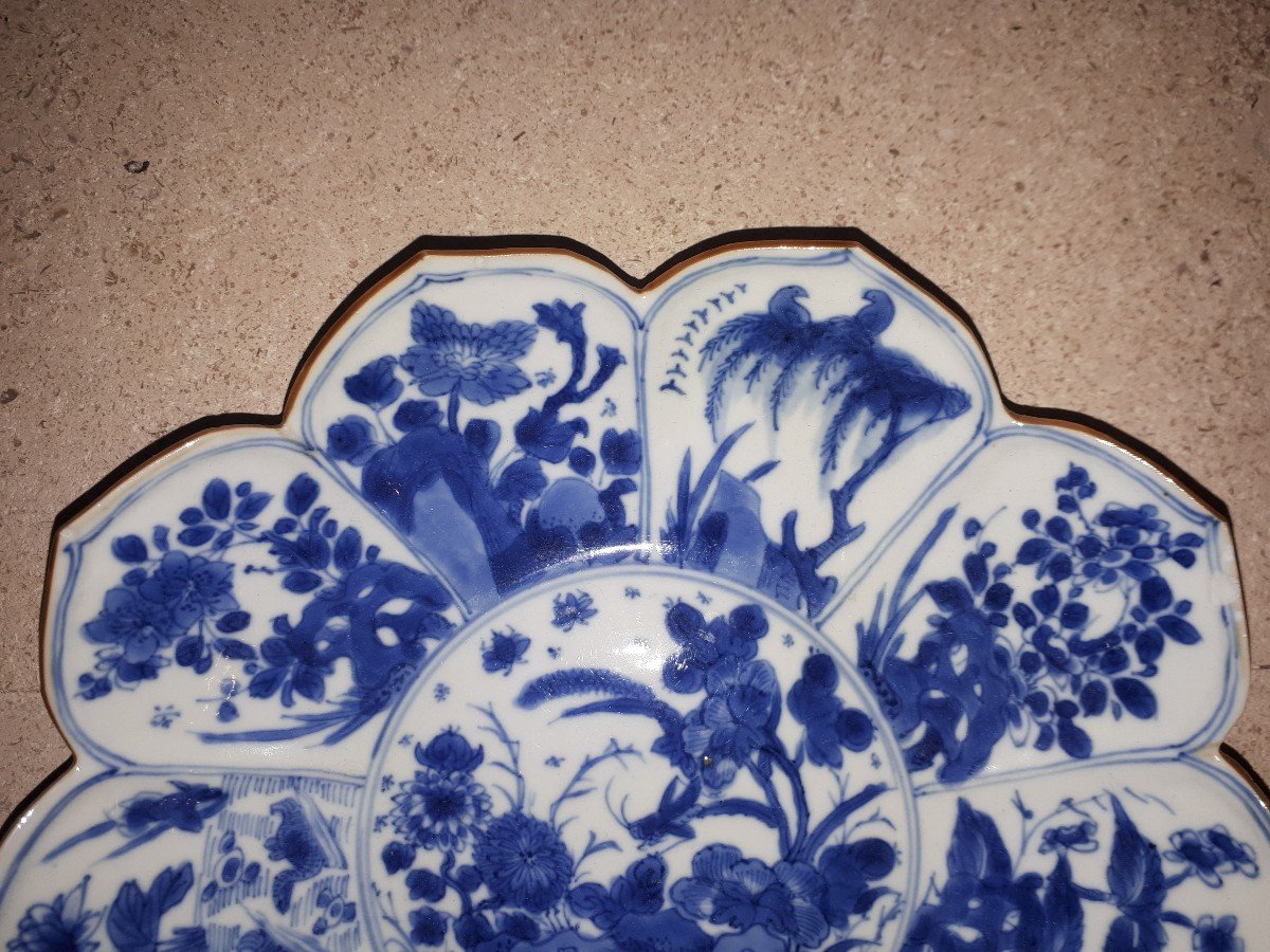Assiette Chinoise Bleu Blanc En Forme De Fleur De Lotus, Chine Période Kangxi-photo-3
