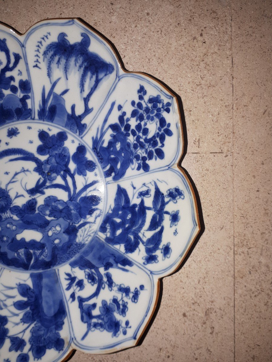 Assiette Chinoise Bleu Blanc En Forme De Fleur De Lotus, Chine Période Kangxi-photo-4