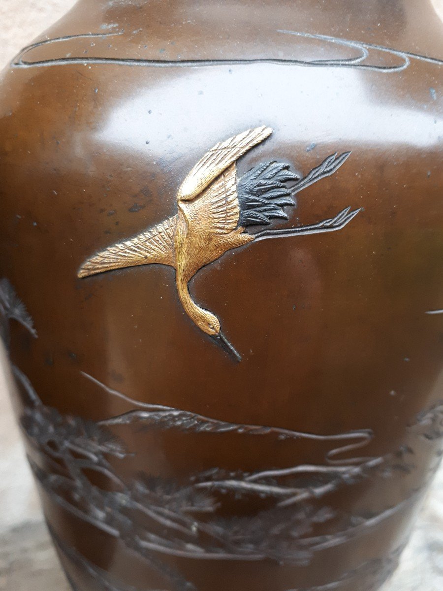 Pair Of Japanese Bronze Vases Inlaid With Precious Metals By Kumagaya, Japan Meiji Era-photo-3
