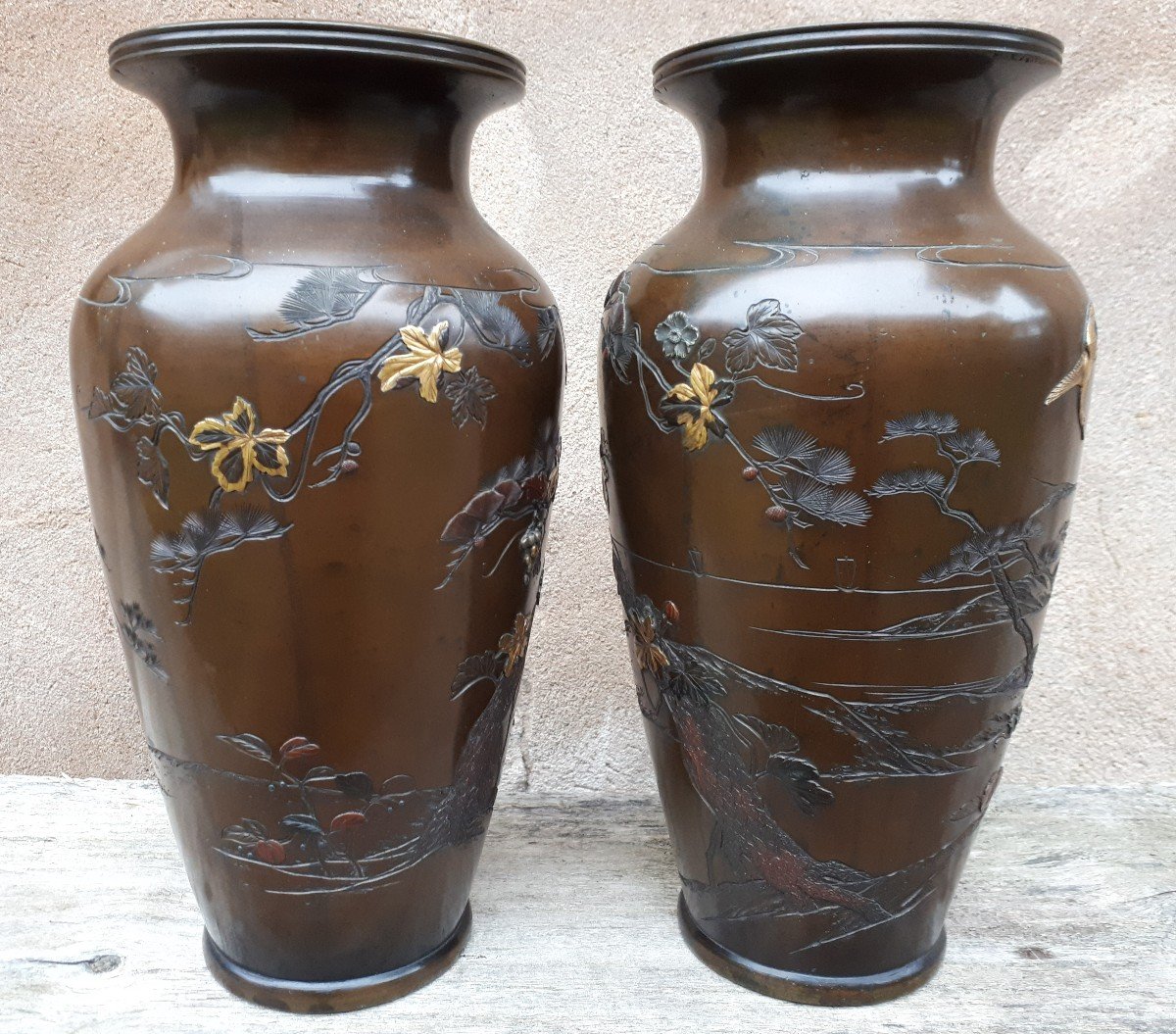 Pair Of Japanese Bronze Vases Inlaid With Precious Metals By Kumagaya, Japan Meiji Era-photo-5