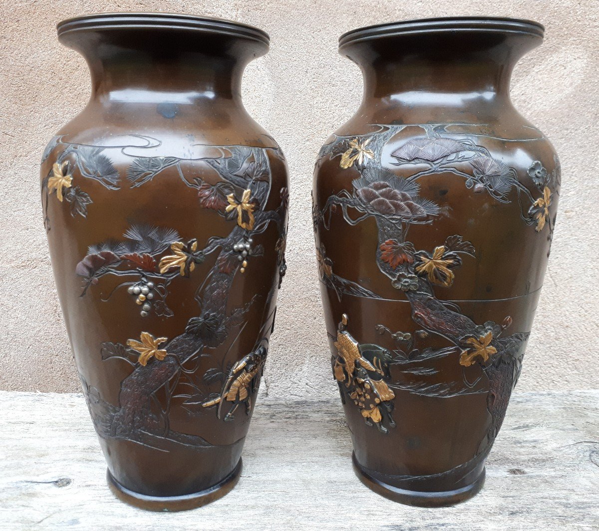 Pair Of Japanese Bronze Vases Inlaid With Precious Metals By Kumagaya, Japan Meiji Era-photo-6
