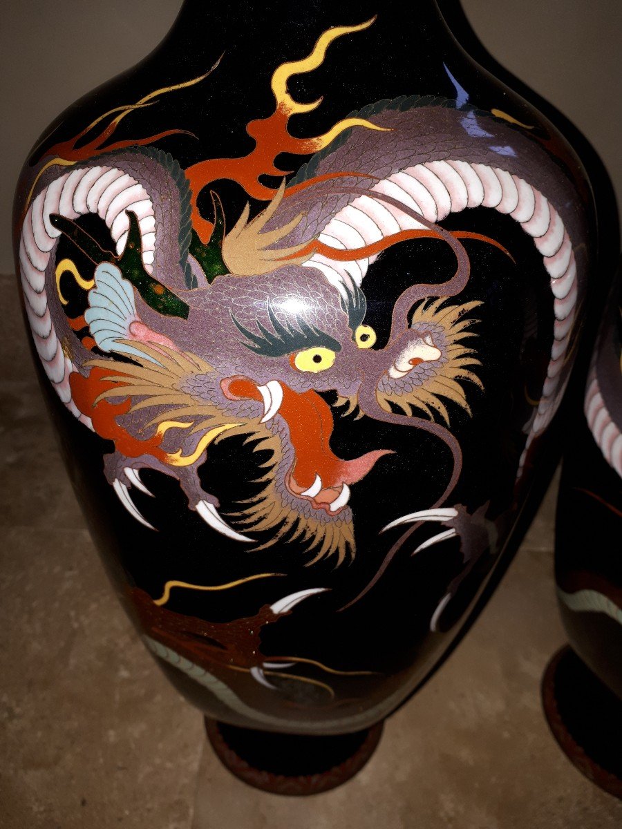 Paire De Vases Japonais En émaux Cloisonnés, Japon ère Meiji-photo-2