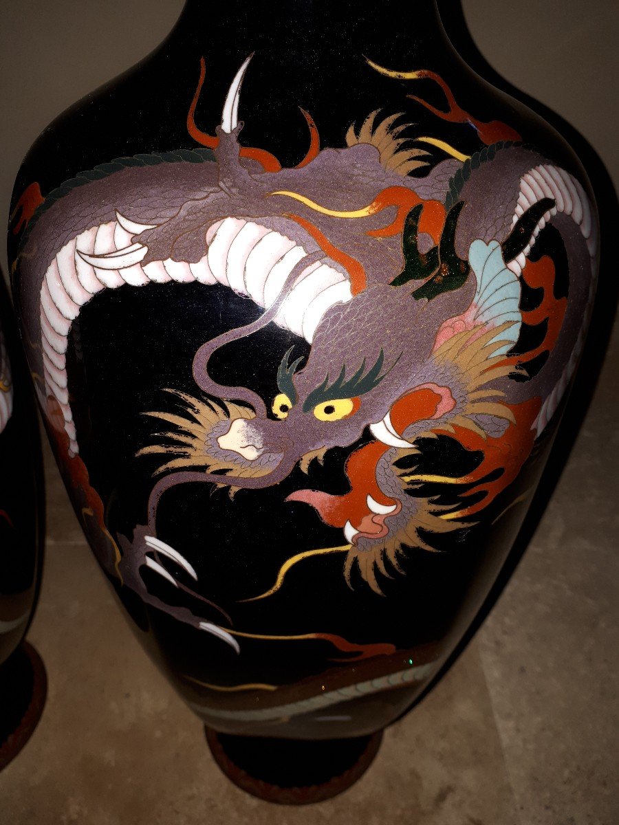 Paire De Vases Japonais En émaux Cloisonnés, Japon ère Meiji-photo-3