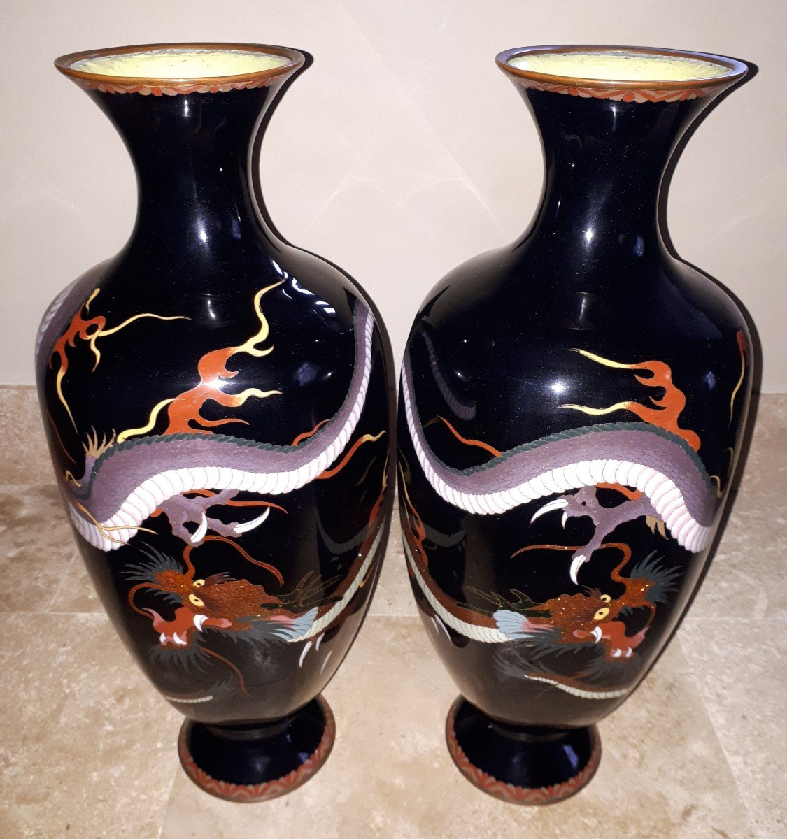 Paire De Vases Japonais En émaux Cloisonnés, Japon ère Meiji-photo-2