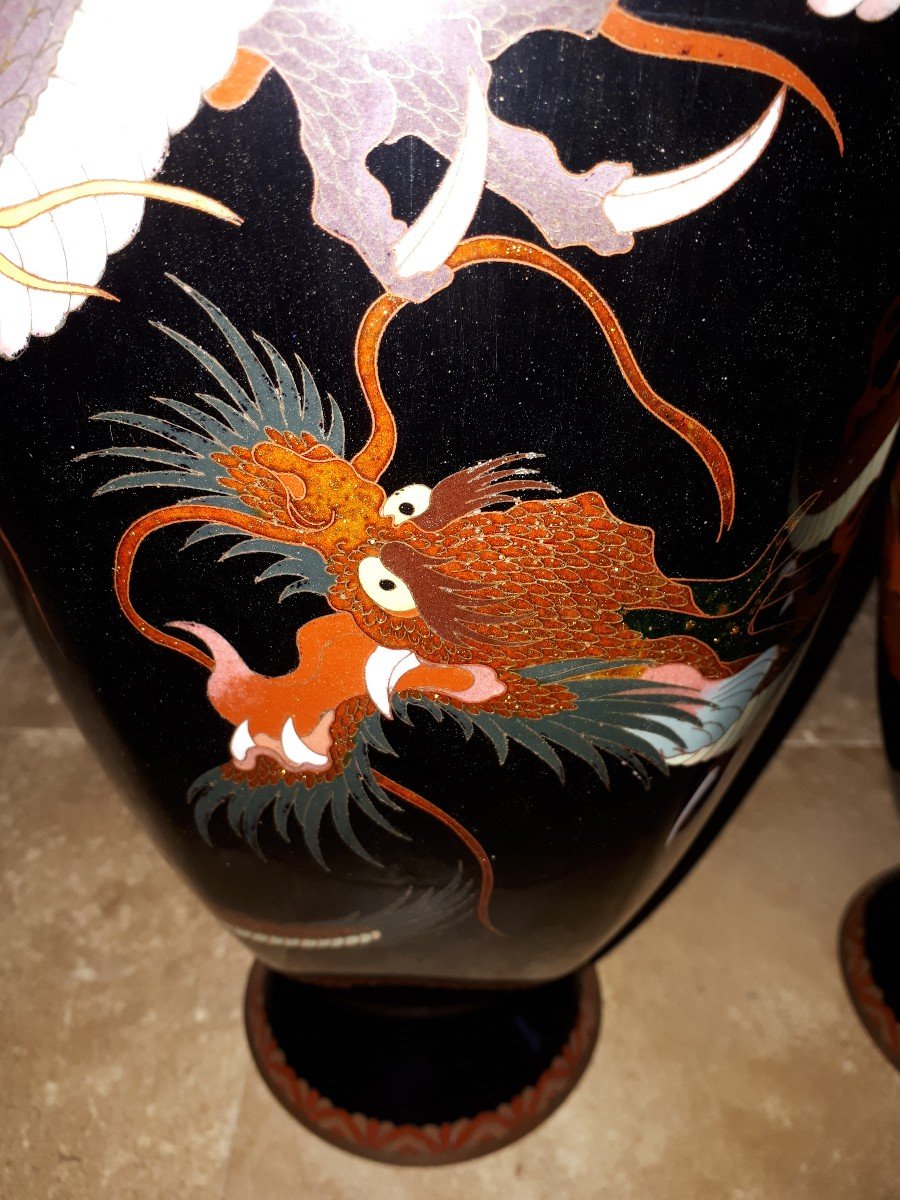 Paire De Vases Japonais En émaux Cloisonnés, Japon ère Meiji-photo-3