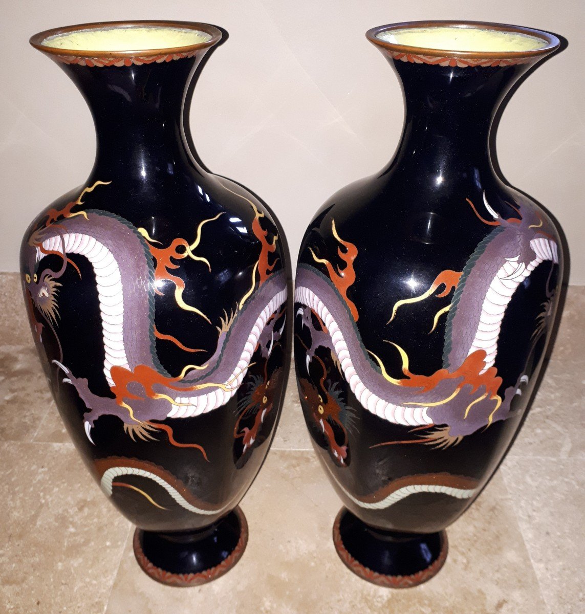Paire De Vases Japonais En émaux Cloisonnés, Japon ère Meiji-photo-5