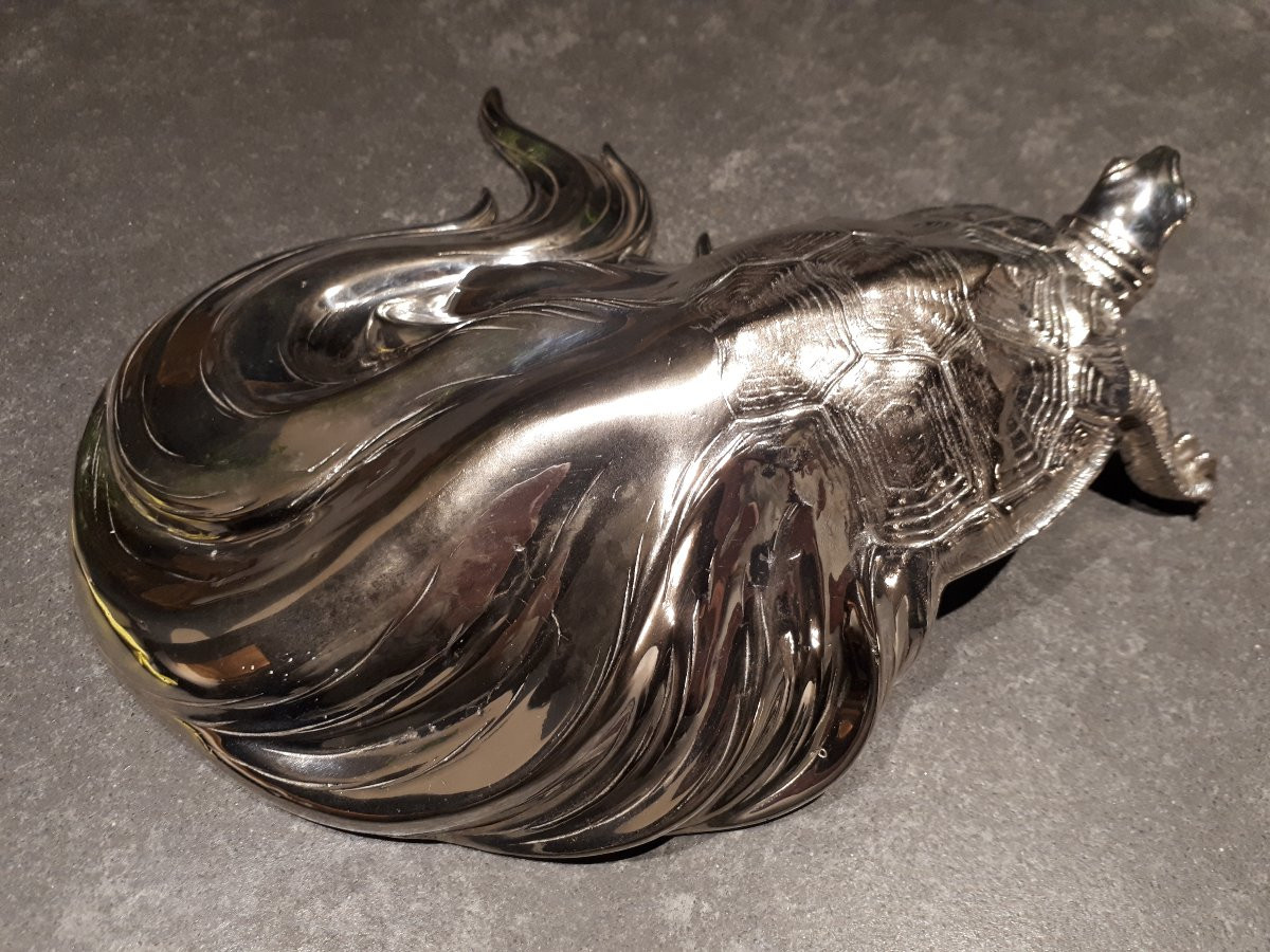 Silver Minogame Signed Ryubundo, Okimono Japan Meiji Era-photo-2
