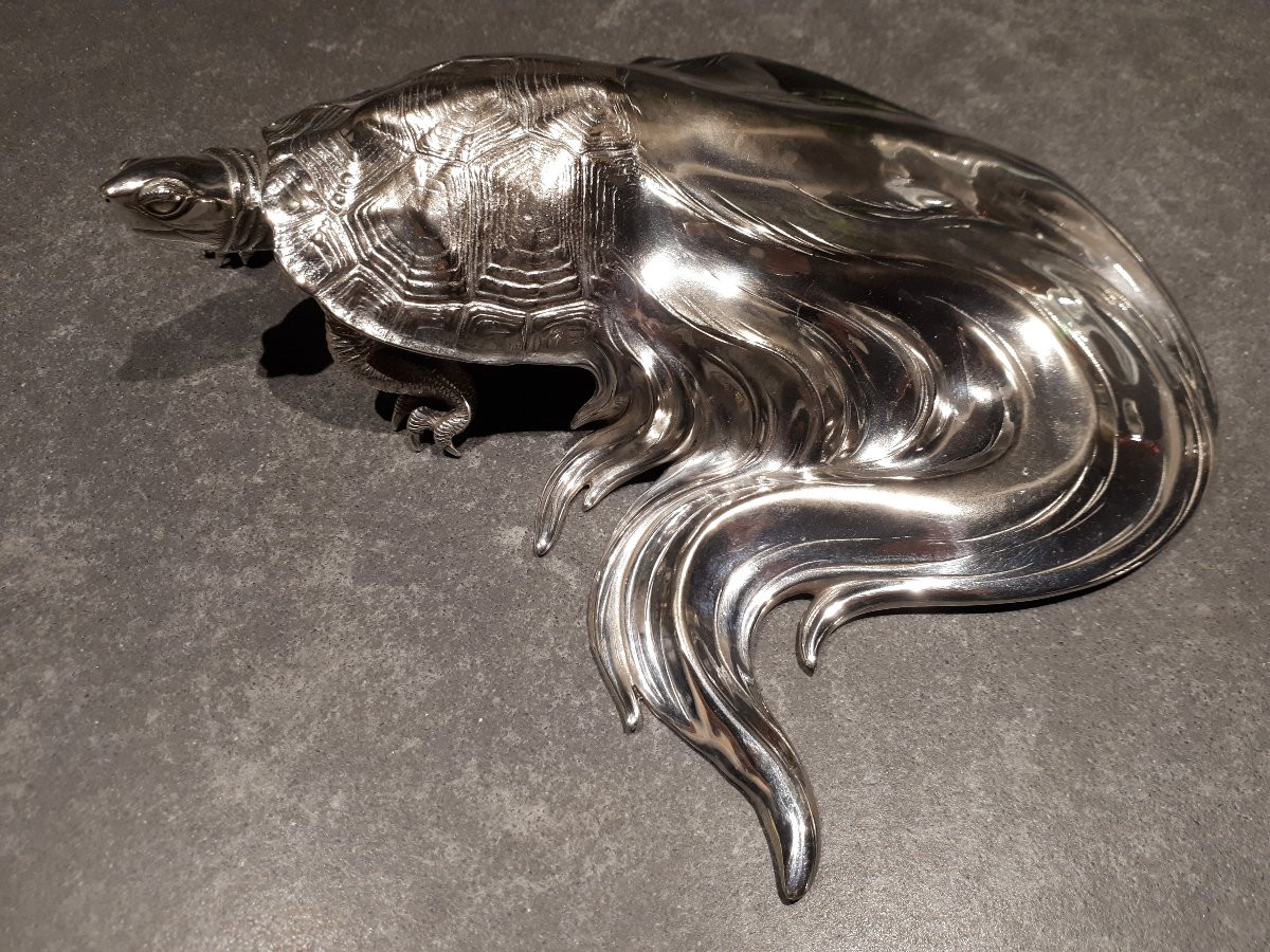 Silver Minogame Signed Ryubundo, Okimono Japan Meiji Era-photo-5