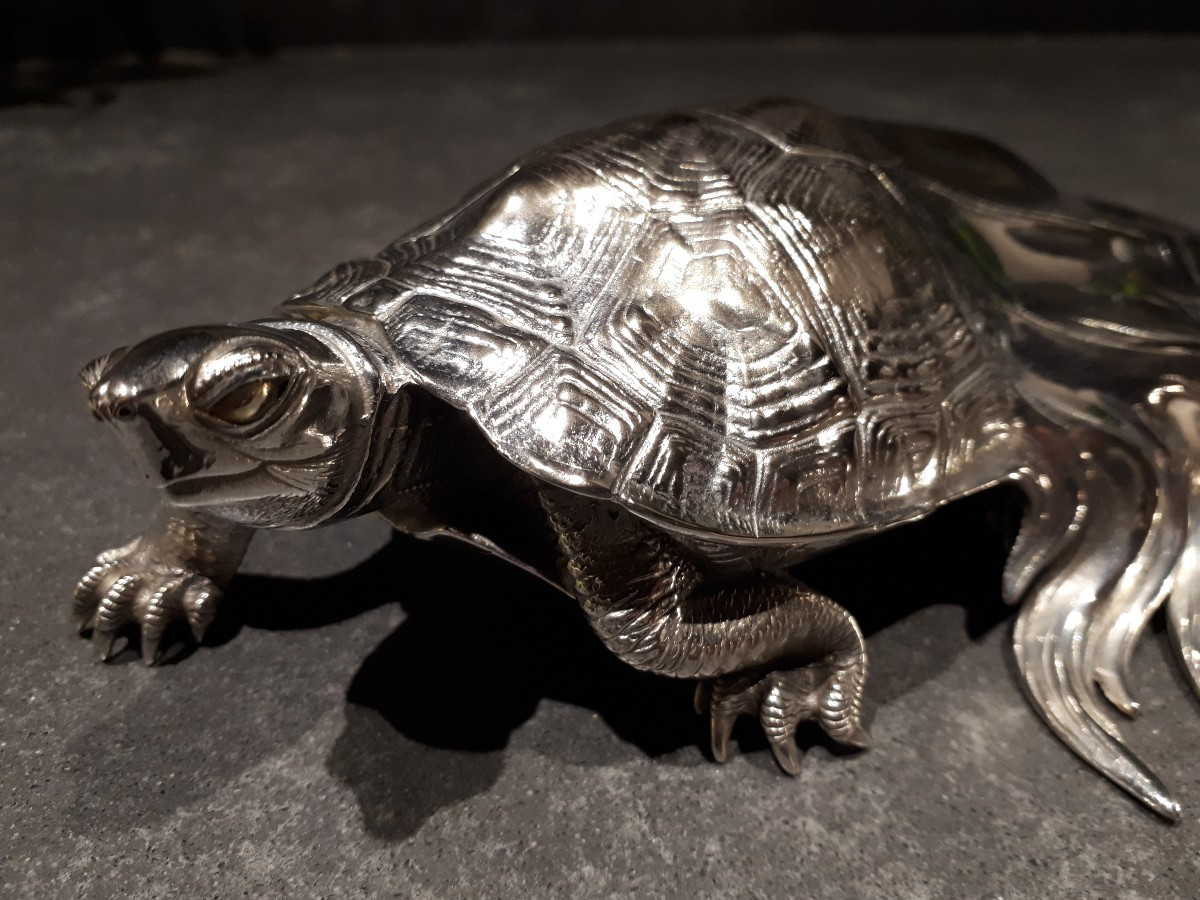 Silver Minogame Signed Ryubundo, Okimono Japan Meiji Era