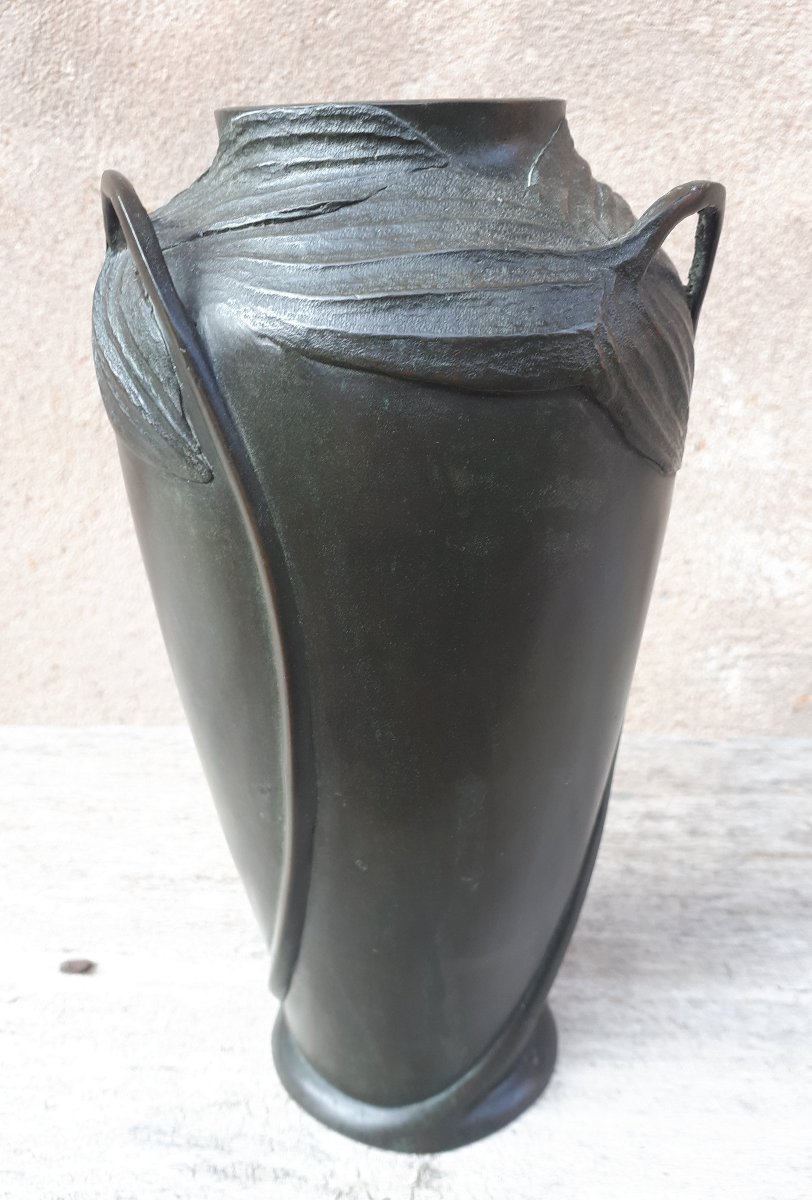 Japanese Bronze Vase Decorated With Arrow Leaves, Meiji Era Japan-photo-2