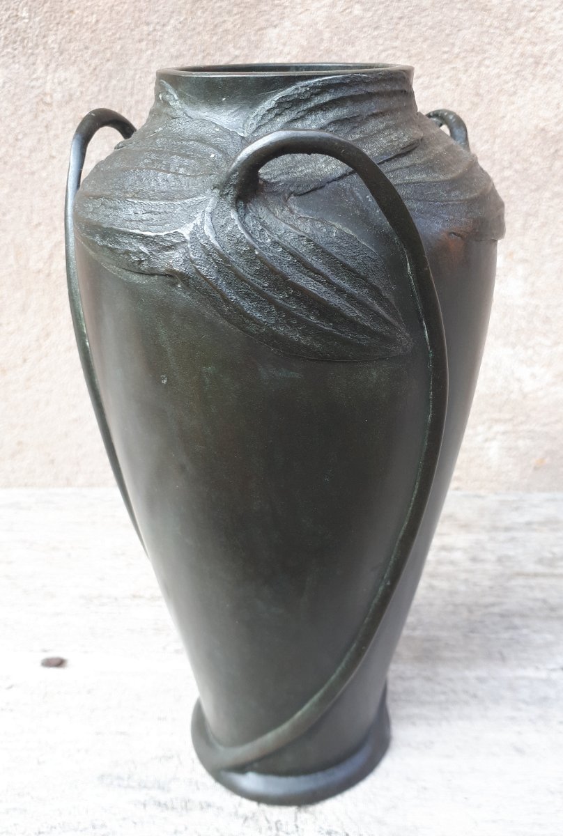 Japanese Bronze Vase Decorated With Arrow Leaves, Meiji Era Japan-photo-3