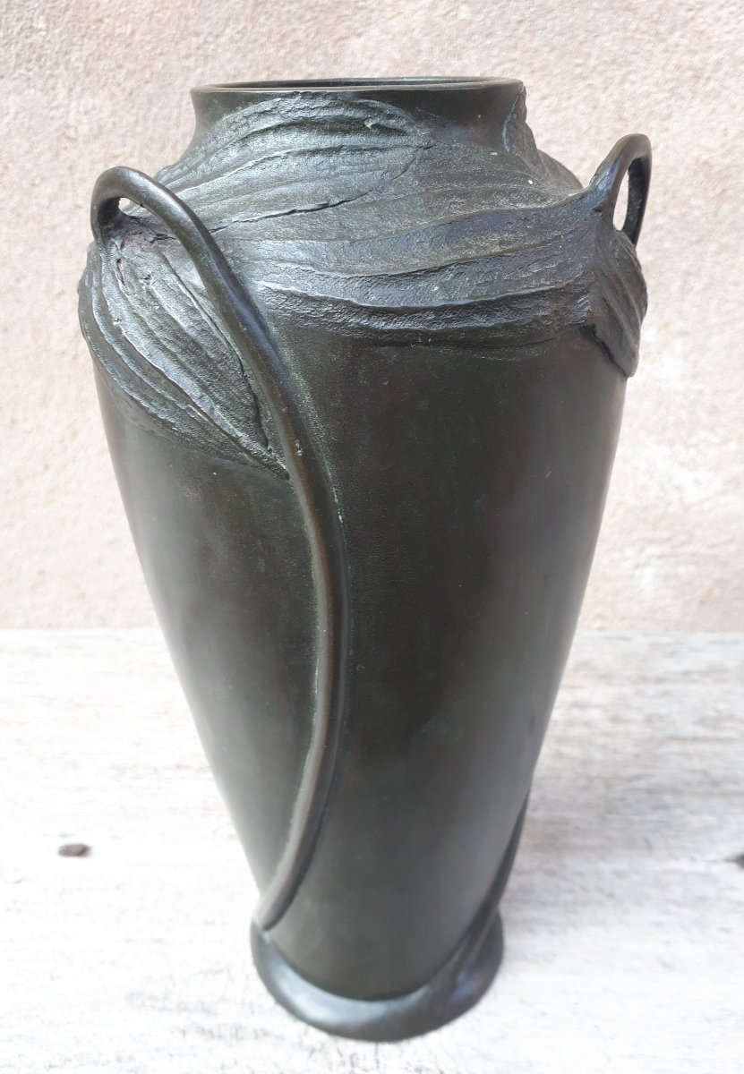 Japanese Bronze Vase Decorated With Arrow Leaves, Meiji Era Japan-photo-4