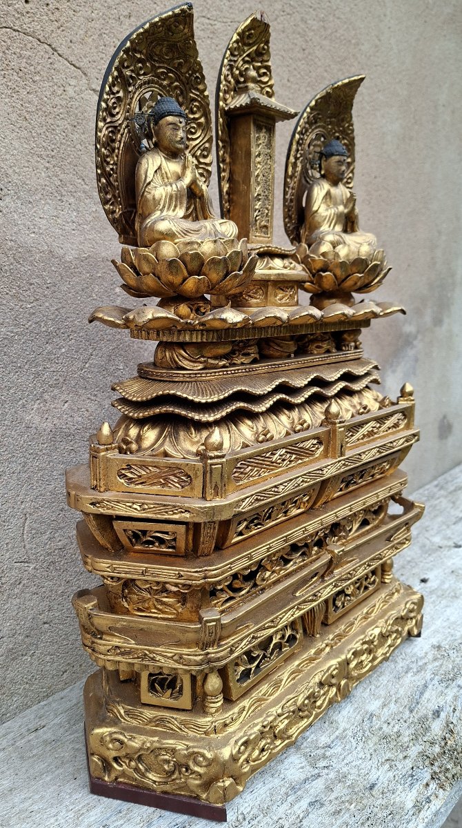 Gilded Wooden Altar From The Nichiren School With Two Buddhas, Japan, Meiji Era-photo-2