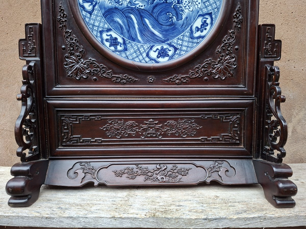 Large Chinese Hardwood And Porcelain Screen Decorated With A Dragon, China, 19th Century-photo-4