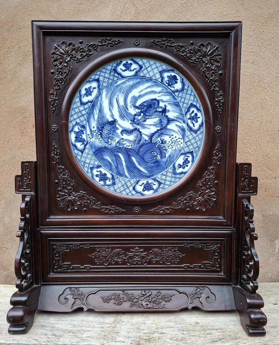 Large Chinese Hardwood And Porcelain Screen Decorated With A Dragon, China, 19th Century