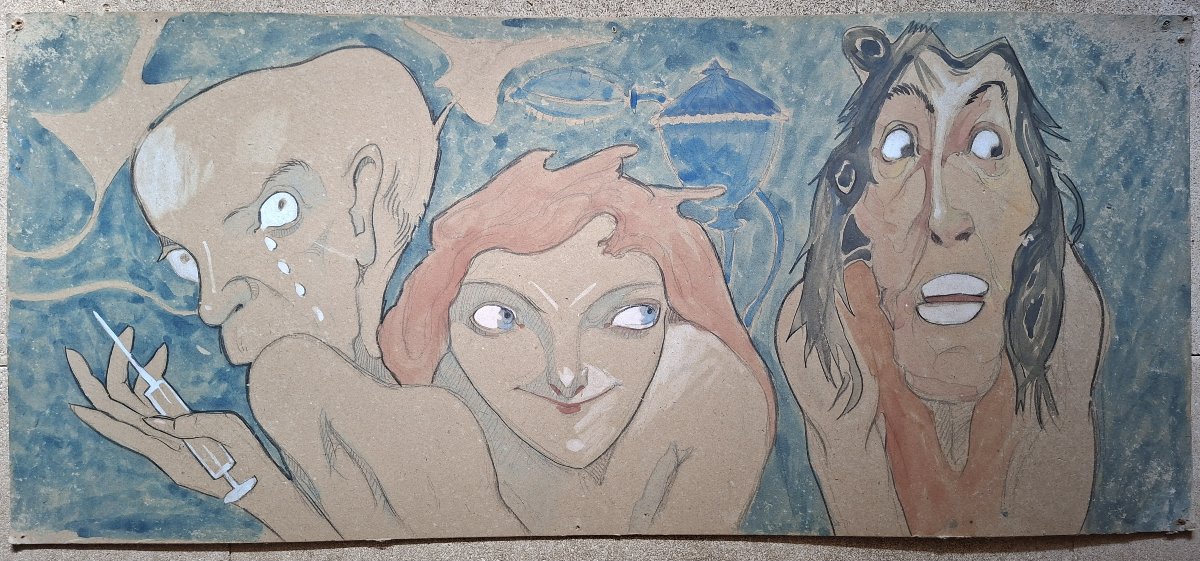 Set Of 9 Drawings Enhanced With Gouache; Symbolism; France, Late 19th–early 20th Century-photo-2