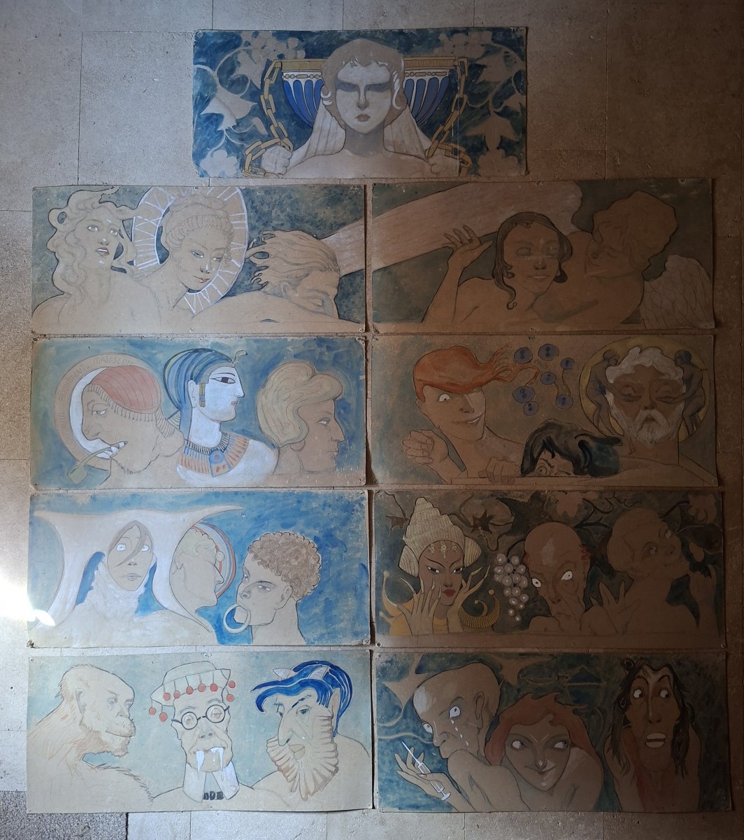 Set Of 9 Drawings Enhanced With Gouache; Symbolism; France, Late 19th–early 20th Century