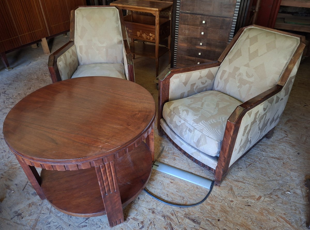 Ensemble mobilier (paire de fauteuils + table) par Saddier et fils. France vers 1930