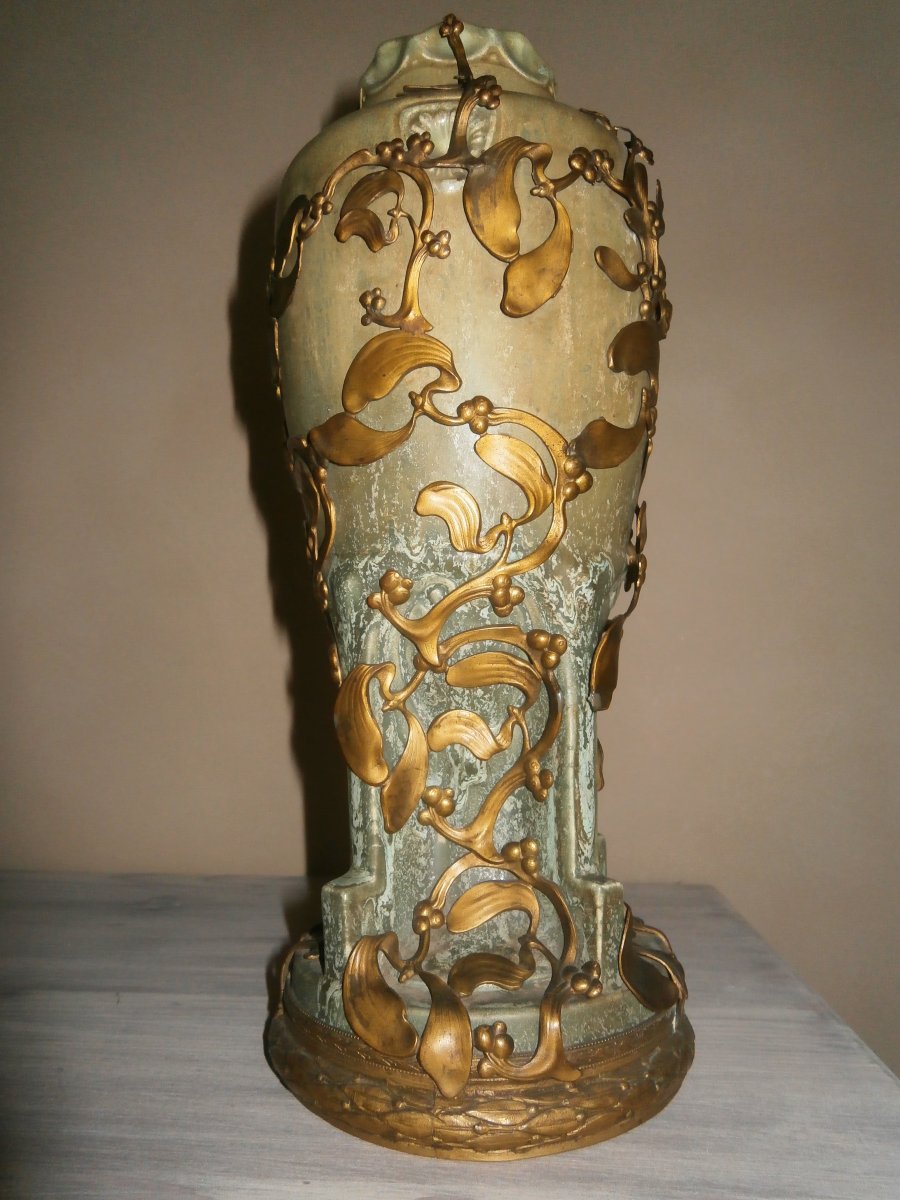 Vase Art Nouveau En Grès à Monture En Laiton-photo-3