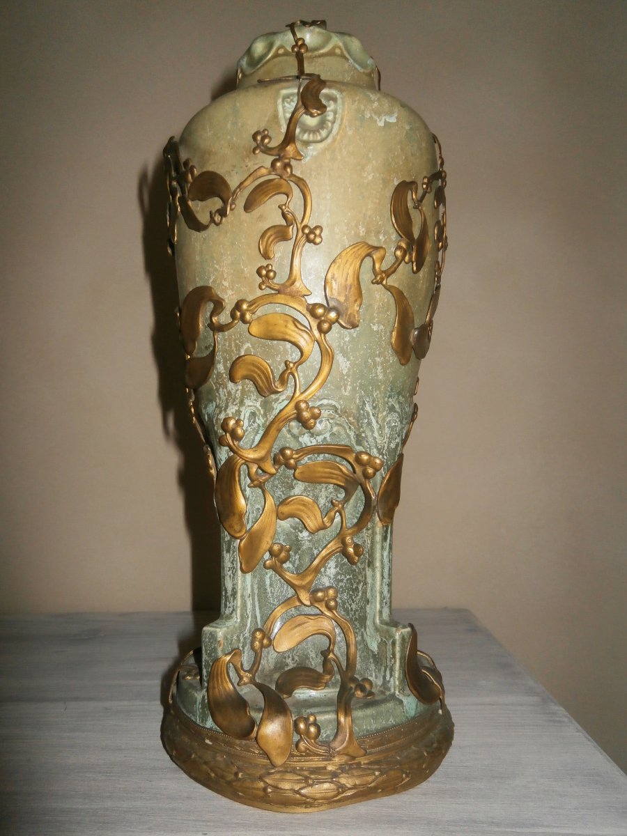 Vase Art Nouveau En Grès à Monture En Laiton-photo-1