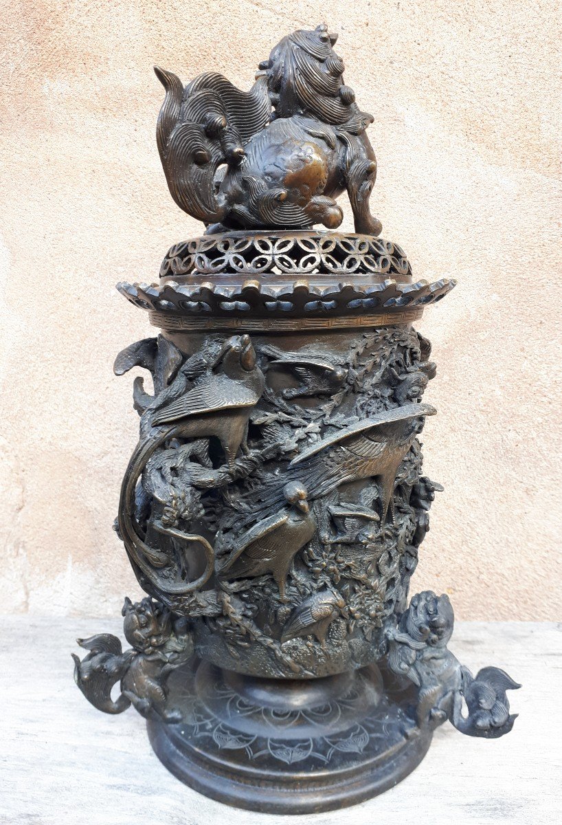 Large Japanese Incense Burner In Bronze, Japan Meiji Era-photo-3