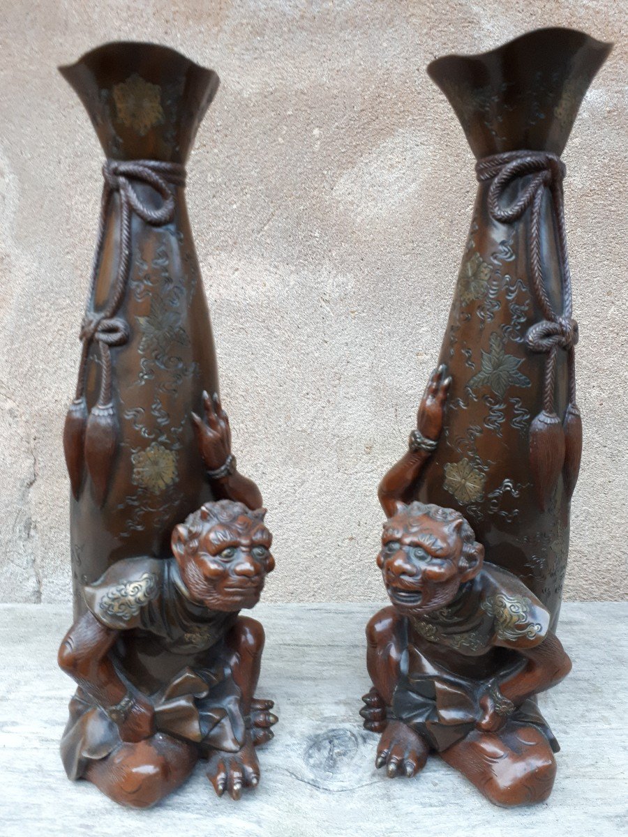 Paire De Vases Japonais En Bronze, Japon époque Meiji-photo-2