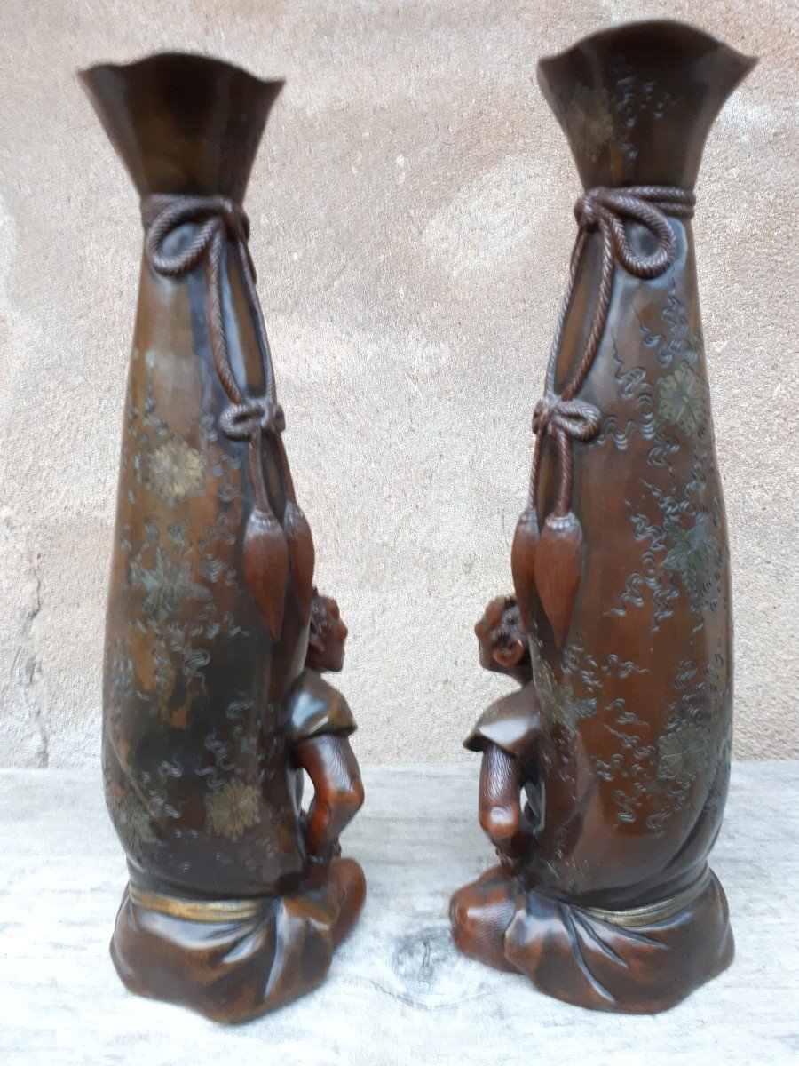 Paire De Vases Japonais En Bronze, Japon époque Meiji-photo-4
