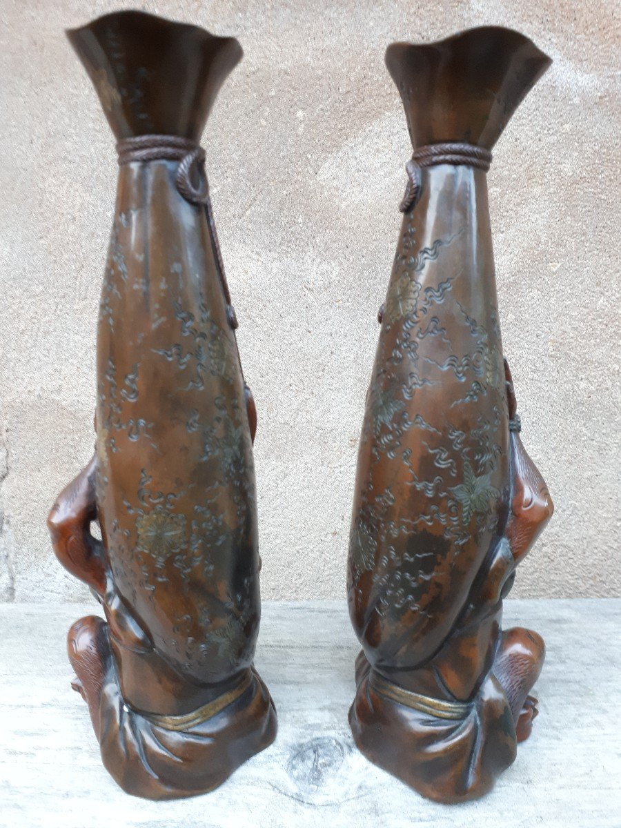 Paire De Vases Japonais En Bronze, Japon époque Meiji-photo-2