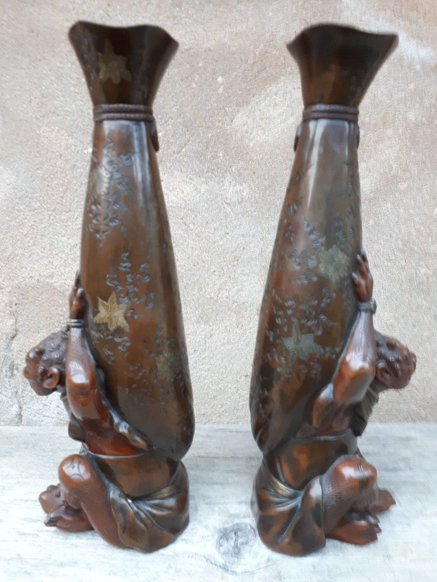 Paire De Vases Japonais En Bronze, Japon époque Meiji-photo-3
