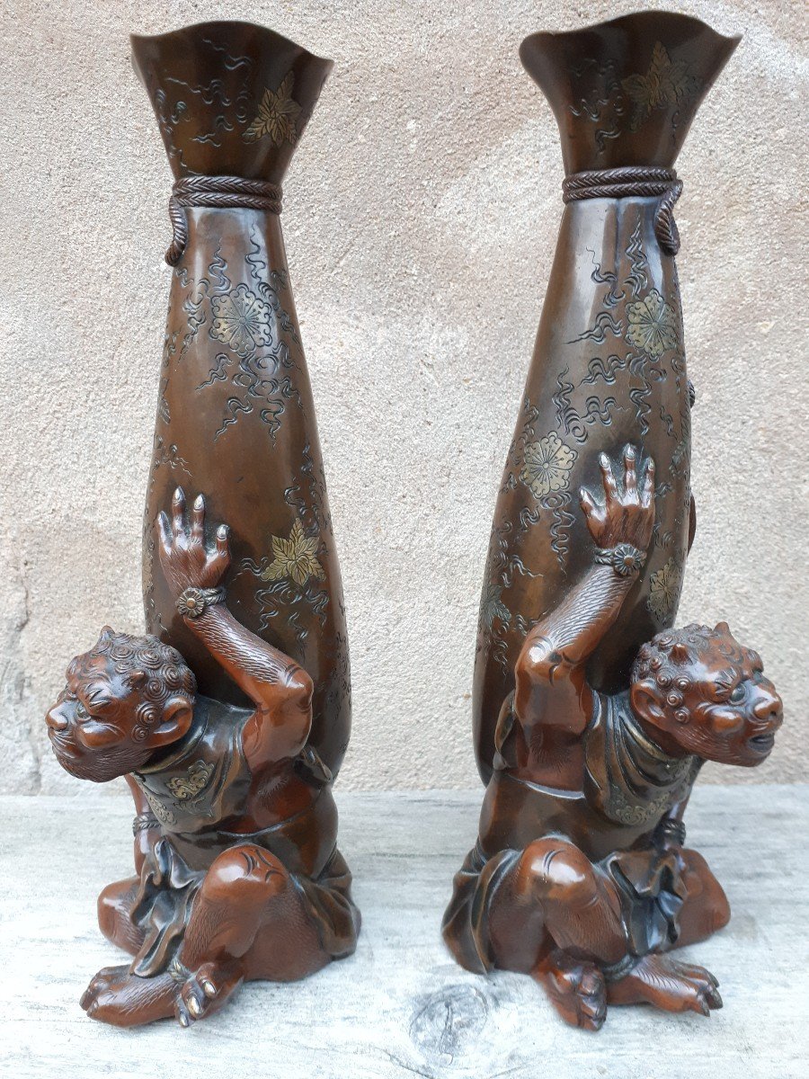 Paire De Vases Japonais En Bronze, Japon époque Meiji-photo-4