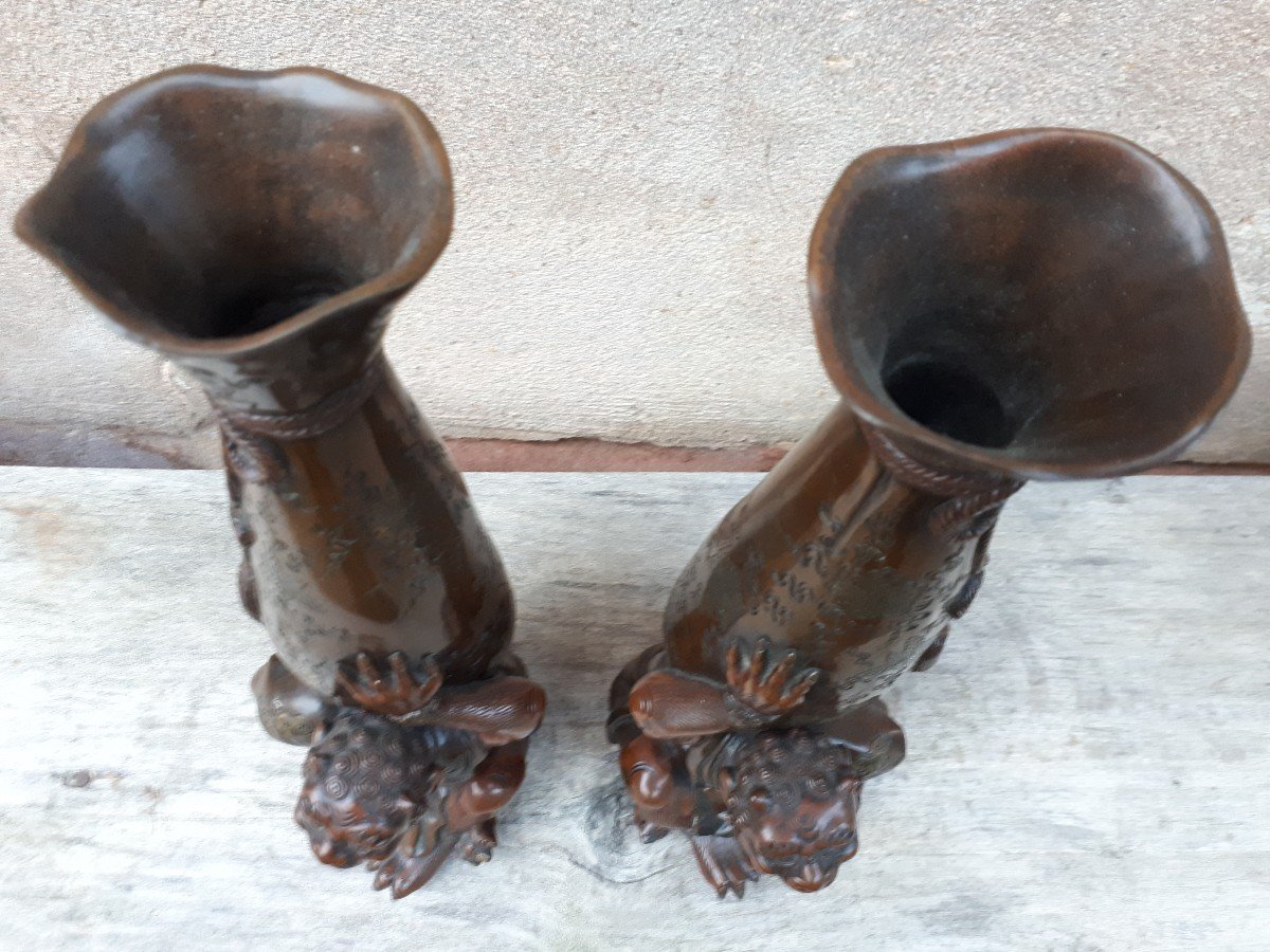 Paire De Vases Japonais En Bronze, Japon époque Meiji-photo-5