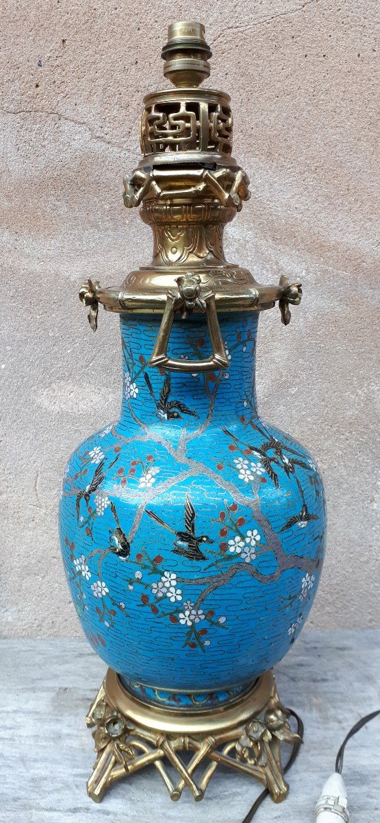 Vase En émaux Cloisonnés Monté En Lampe, Dans Le Goût d'Edouard Lièvre-photo-4