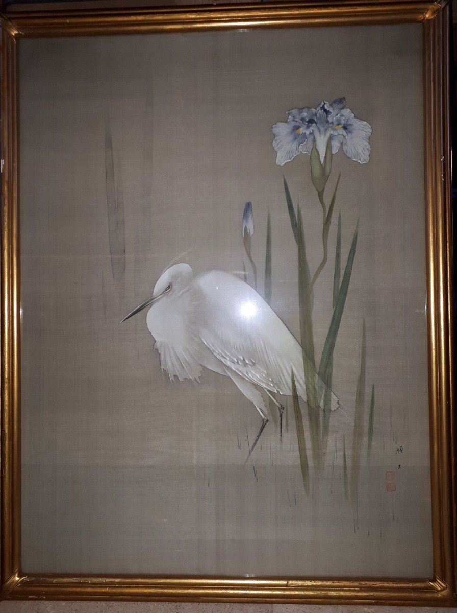 Peinture Japonaise Sur Soie à Décor d'Aigrette, Japon ère Meiji