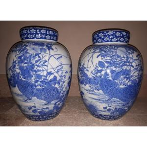 Pair Of Seto Porcelain Covered Vases, Japan Meiji Era