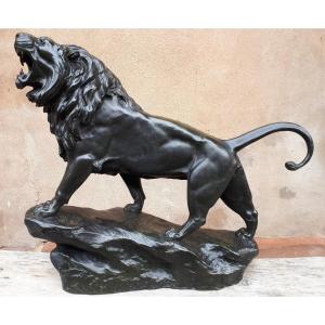 Sculpture En Bronze d'Un Lion Rugissant, Par Léon Bureau