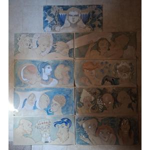 Set Of 9 Drawings Enhanced With Gouache; Symbolism; France, Late 19th–early 20th Century