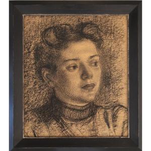 Léon Devos, Portrait de jeune fille (# Nervia Mons Belge Anto Carte Buisseret Fusain )