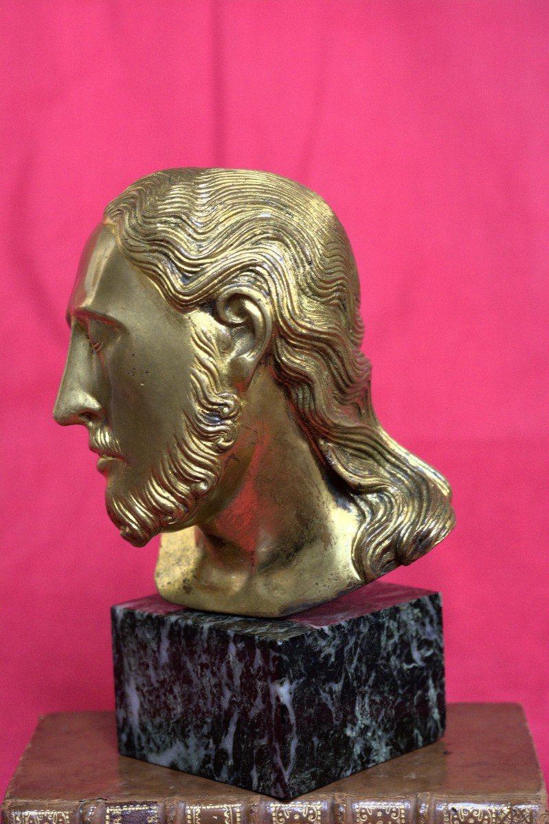 Buste Du Christ En Bronze Doré - Style Médiéval  - d'après Le Christ De Herlufsholm - XXe 20e -photo-2