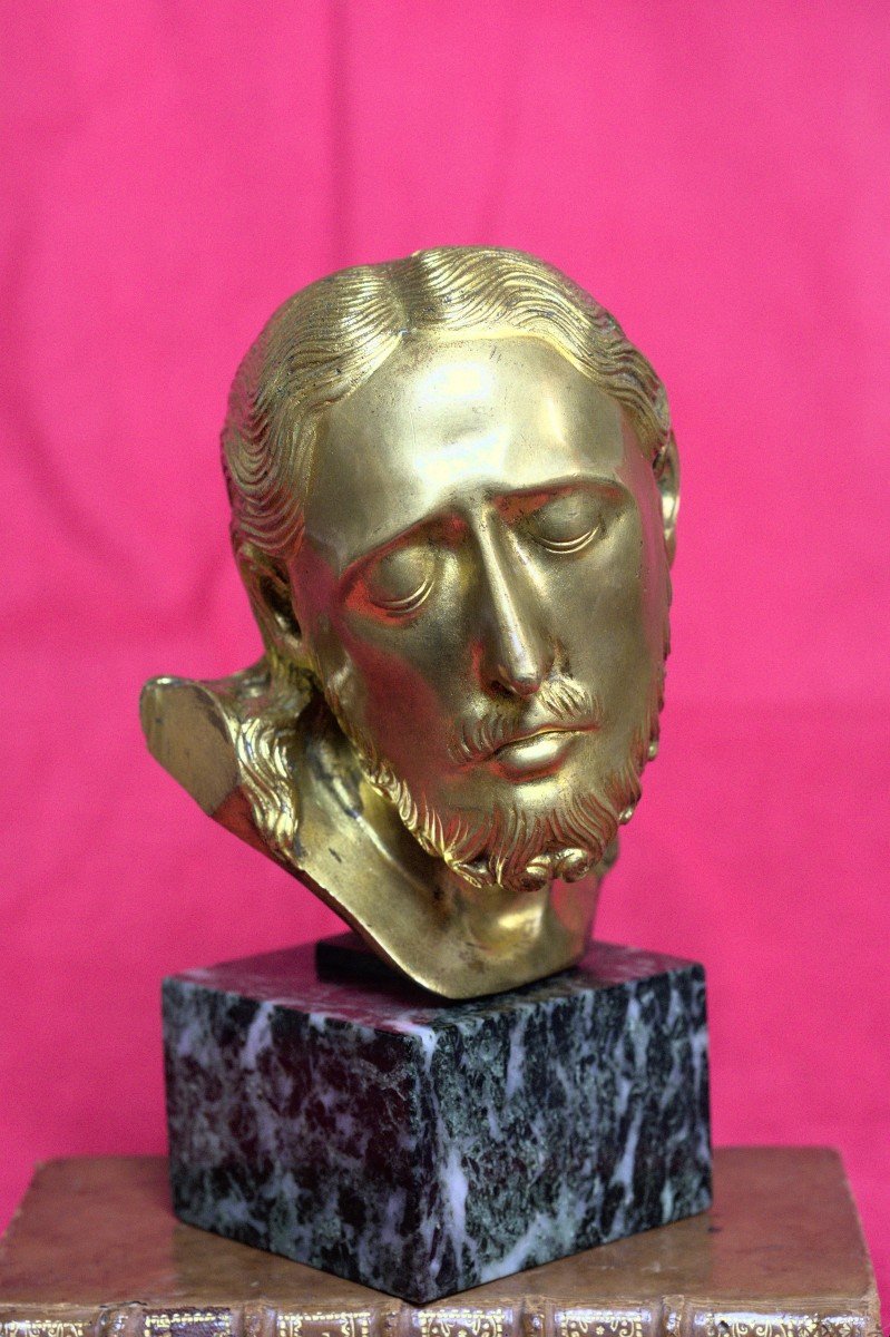Buste Du Christ En Bronze Doré - Style Médiéval  - d'après Le Christ De Herlufsholm - XXe 20e -photo-4