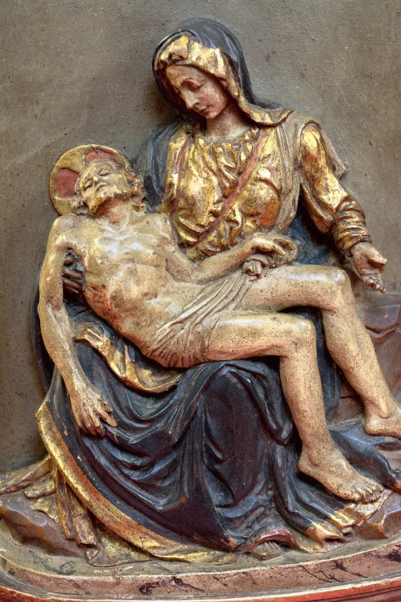 Bas-relief en Bois Polychrome - Pieta d'Après Michel Ange - Christ & Vierge - XIXe 19e Siècle-photo-2