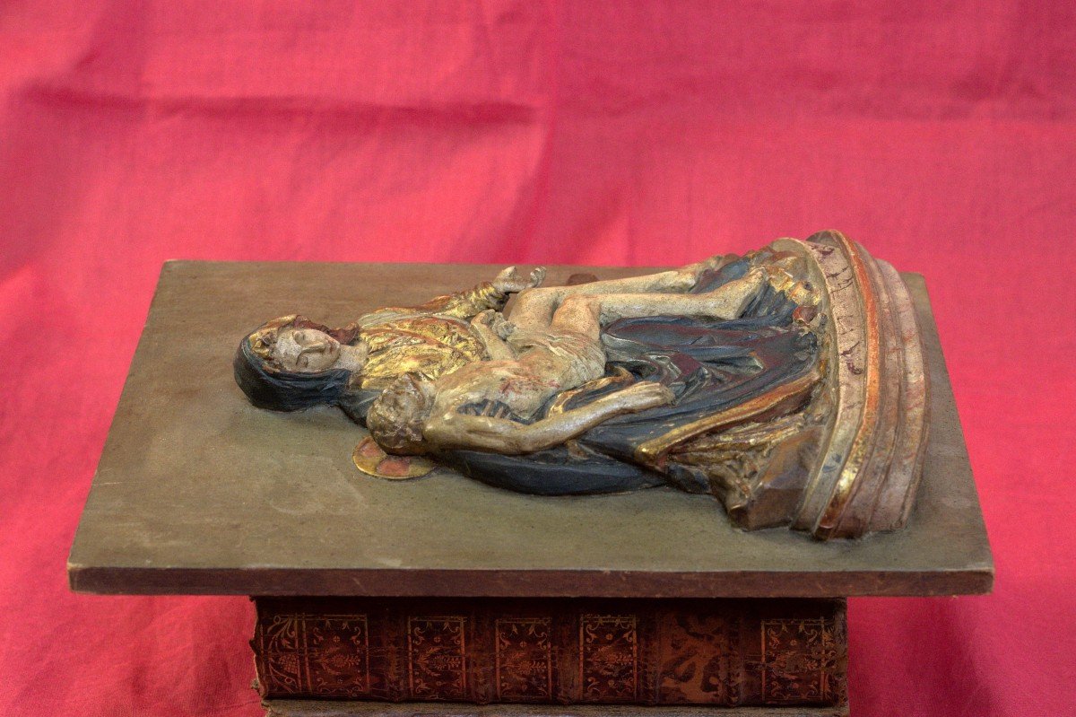 Bas-relief en Bois Polychrome - Pieta d'Après Michel Ange - Christ & Vierge - XIXe 19e Siècle-photo-4