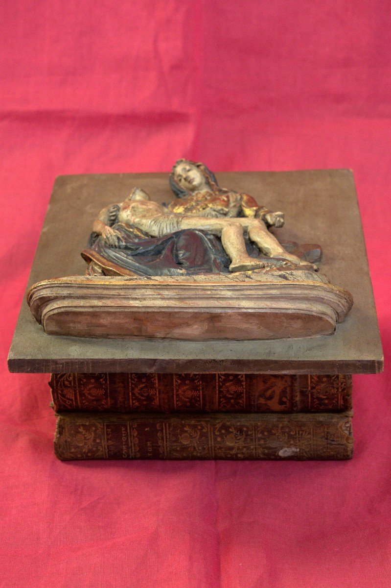 Bas-relief en Bois Polychrome - Pieta d'Après Michel Ange - Christ & Vierge - XIXe 19e Siècle-photo-1