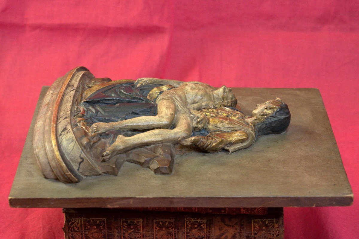 Bas-relief en Bois Polychrome - Pieta d'Après Michel Ange - Christ & Vierge - XIXe 19e Siècle-photo-2