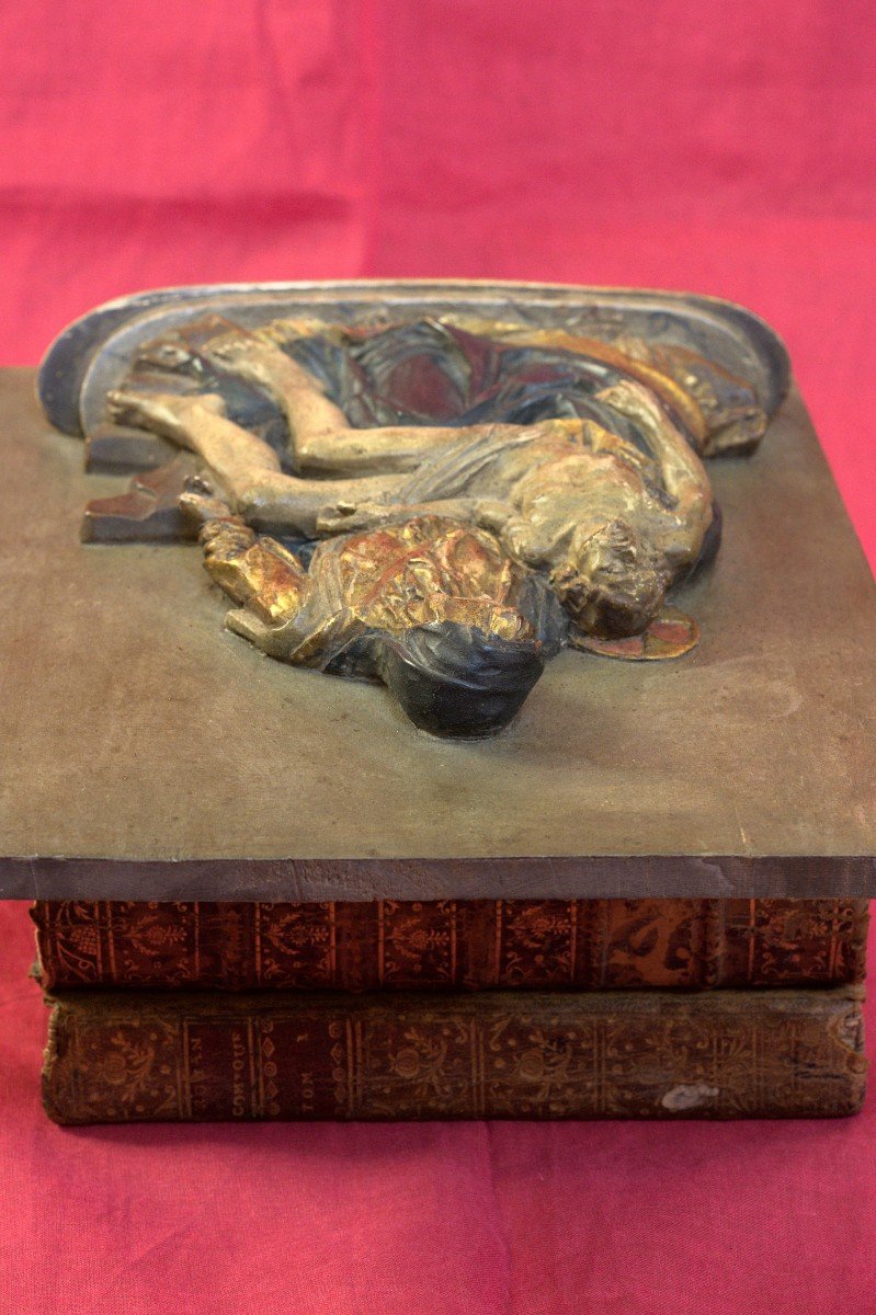 Bas-relief en Bois Polychrome - Pieta d'Après Michel Ange - Christ & Vierge - XIXe 19e Siècle-photo-3