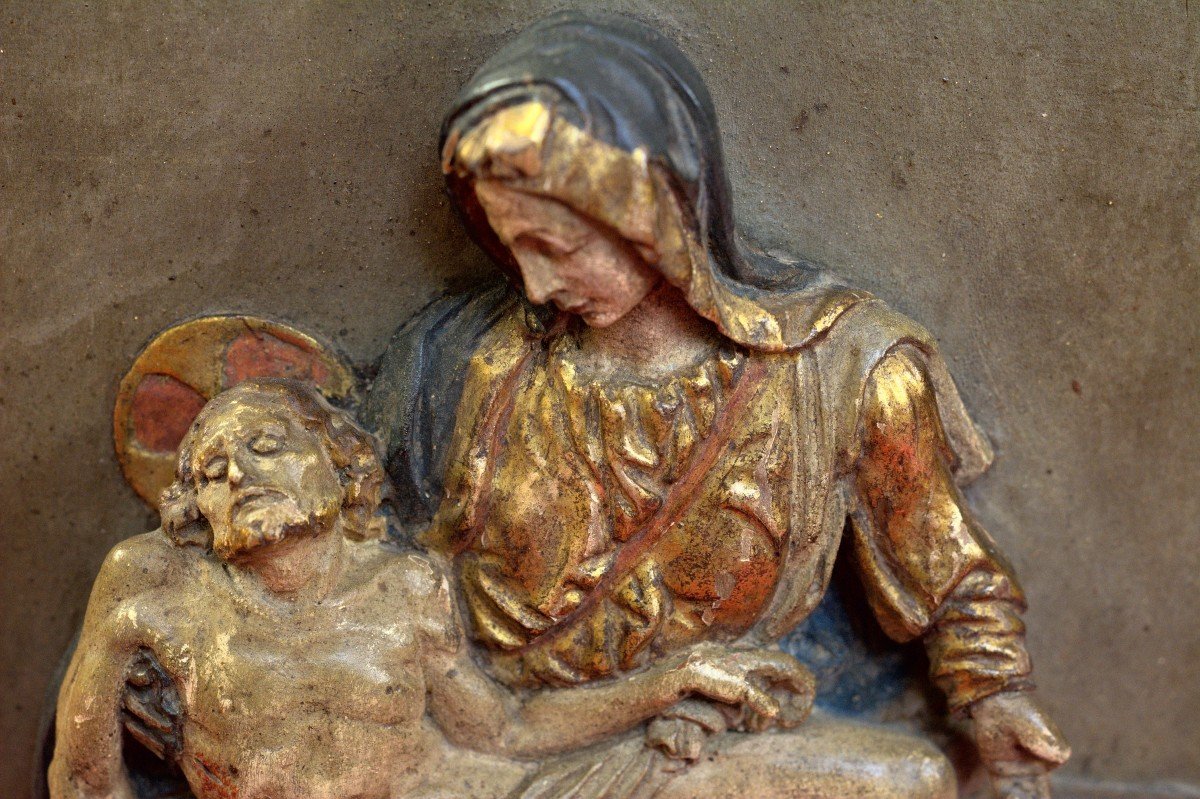 Bas-relief en Bois Polychrome - Pieta d'Après Michel Ange - Christ & Vierge - XIXe 19e Siècle-photo-4