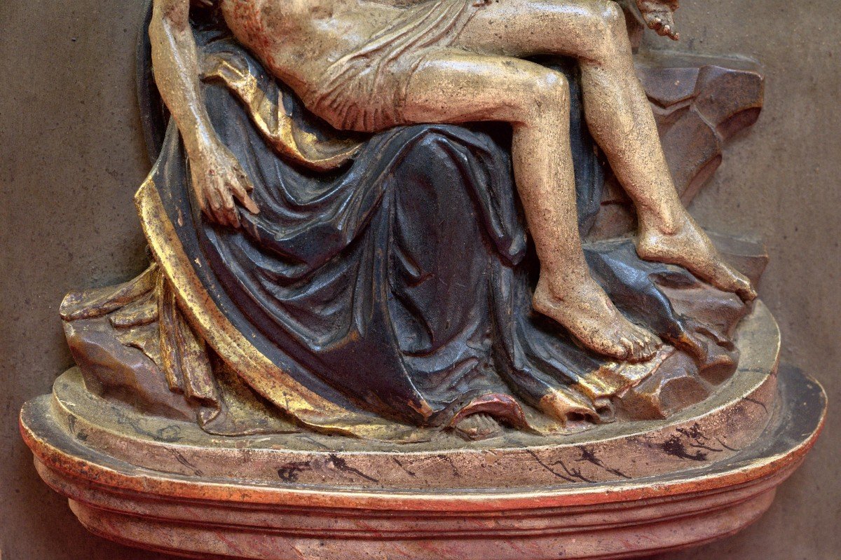 Bas-relief en Bois Polychrome - Pieta d'Après Michel Ange - Christ & Vierge - XIXe 19e Siècle-photo-5