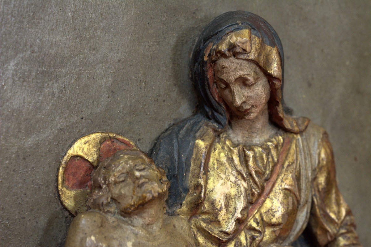 Bas-relief en Bois Polychrome - Pieta d'Après Michel Ange - Christ & Vierge - XIXe 19e Siècle-photo-8